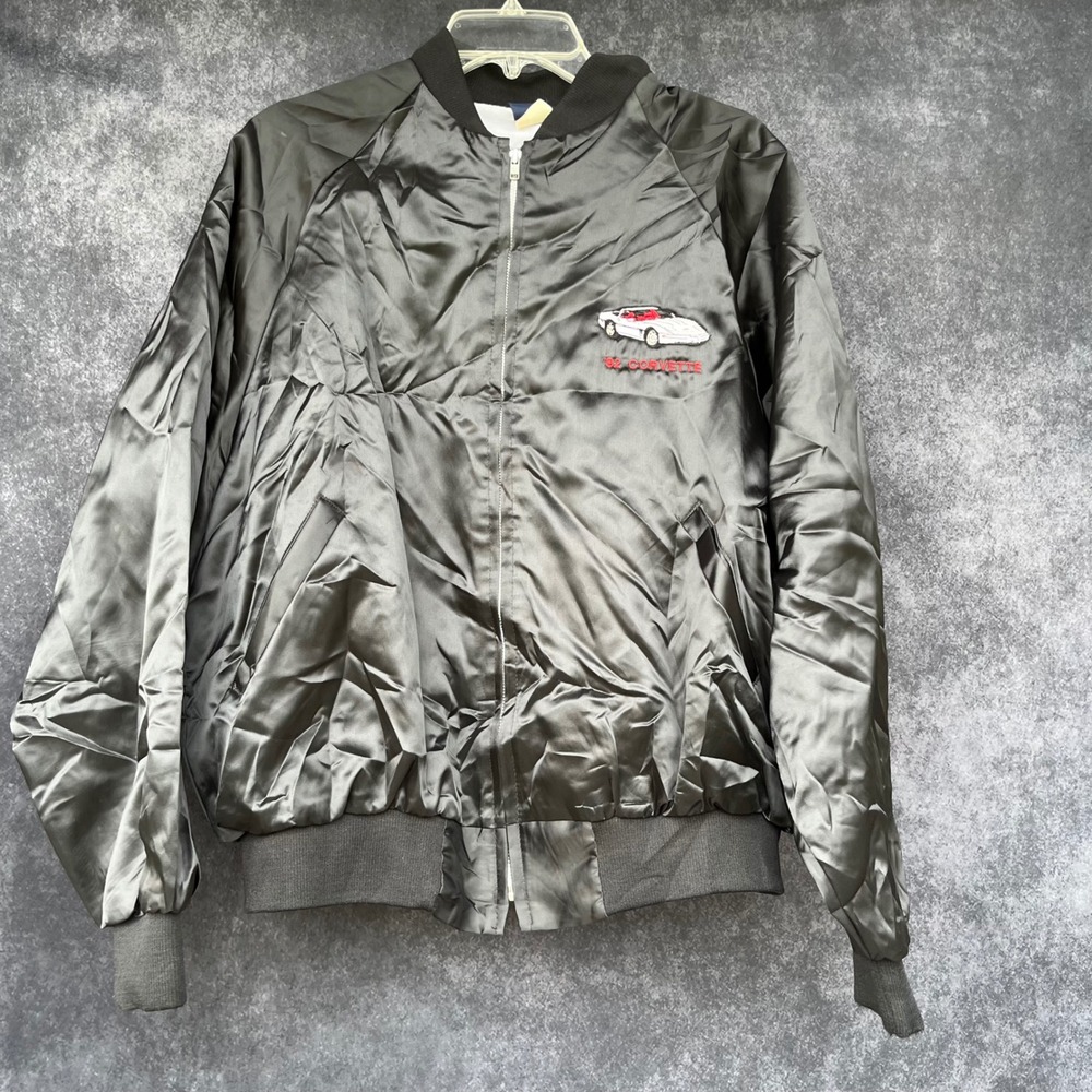 Vintage Hilton 92 Corvette Bomber Jacket Mens Large Black Satin Racing Made USA - Picture 1 of 8